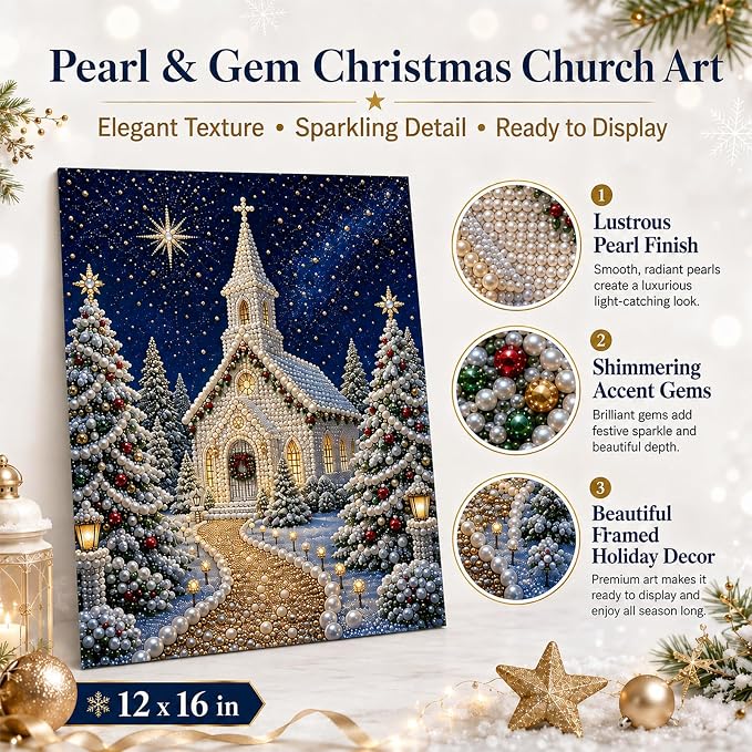 DIY Christmas Pearl Diamond Painting Kit, 5D Pearl Art Craft for Adults and Beginners, Christmas Church and Jesus Wall Decor, Holiday Gifts, 12 x 16 Inch (Church Design D)