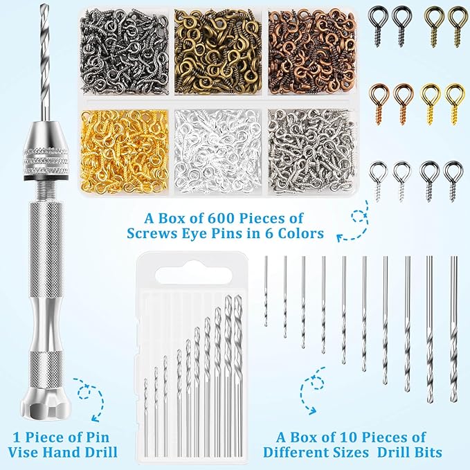 Shynek Pin Vise Hand Drill Set, Manual Hand Drill with 600PCS Small Screw Eye Hooks and 10 Different Sizes Drill Bits for Keychain, Jewelry Making and Crafts