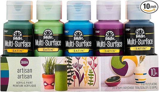 FolkArt, Artisan, Multi-Surface Acrylic Craft Paint Set, 10 Piece, Satin Finish Colors, Perfect for DIY Arts and Crafts Projects