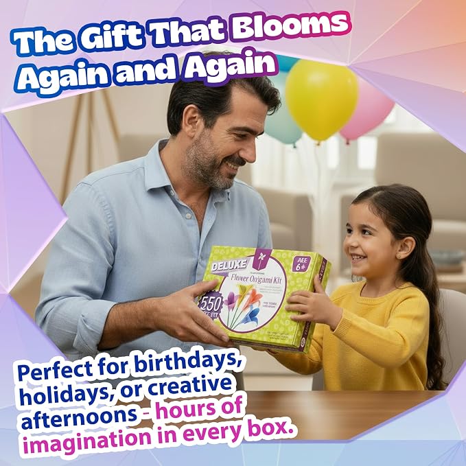 Pinwheel Crafts Flower Origami Kit for Kids Ages 8-12, 550 Pcs | 350 multicolor folding sheets, 100 chenille stems, 100 buttons and gems, booklet, makes 3D paper flowers, gift for girls