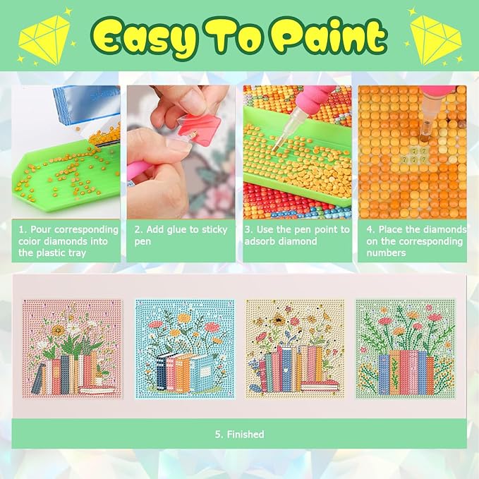 ICYANART 4 Pack Diamond Art Painting Kits for Kids Ages 6-8-12 6x6Inch | Small Diamond Art for Kids, Book Gem Art Kit for Kids, Easy Arts and Crafts for Kids Ages 8-12 (no Frame)