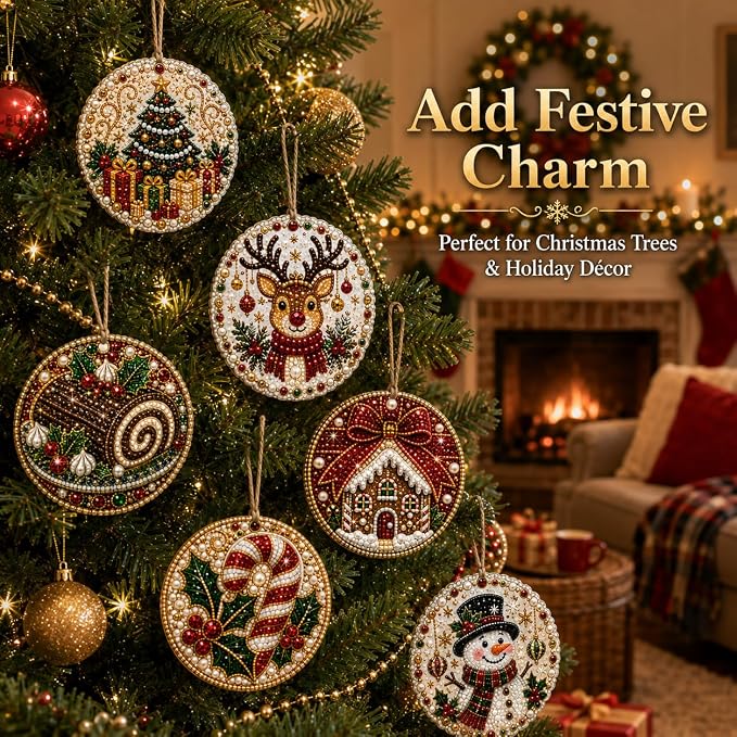 6PCS Christmas Wooden Ornaments DIY Pearl Diamond Painting Kit 07