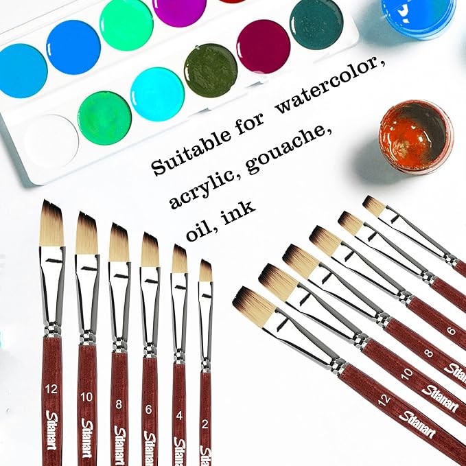 Sdanart Watercolor Brushes 12 PCS,6 Flat Paint Brushes 6 Angular Paintbrush | Watercolor Paint Brush for Watercolors,Acrylics,Oil,Gouache,Ink,Different Size Paintbrushes Perfect for Artists and Beginners