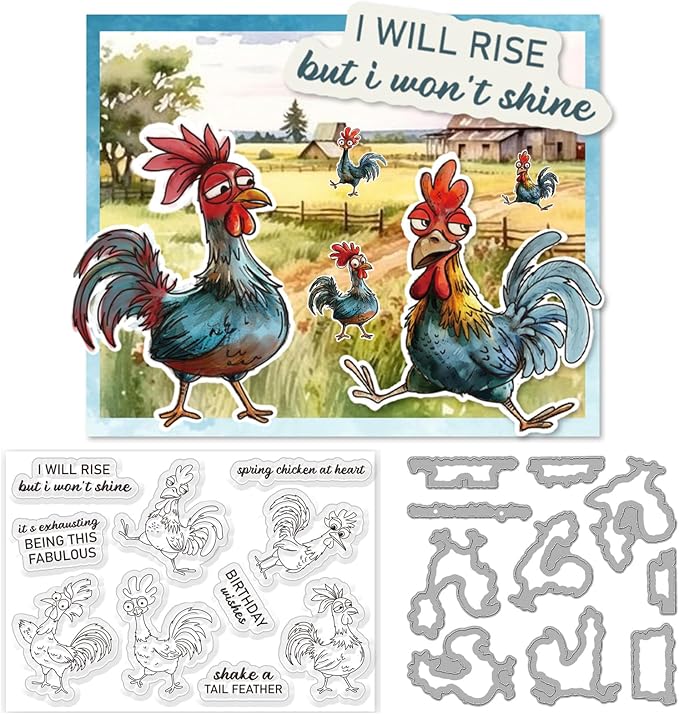 Cartoon Chicken Clear Stamp and Metal Die Set Cartoon Rooster Stamp and Die Cut for Card Making Farm Animals Stamps and Dies for DIY Scrapbooking Album Paper Craft Supplies Thanksgiving