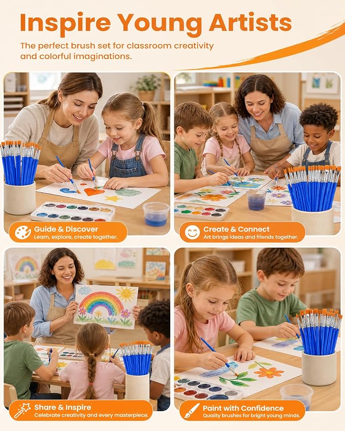 Small Paint Brushes Bulk, 160 Pcs Flat Tip Round Acrylic Paint Brushes for Kids Classroom Acrylic Watercolor Canvas Face Painting Touch Up