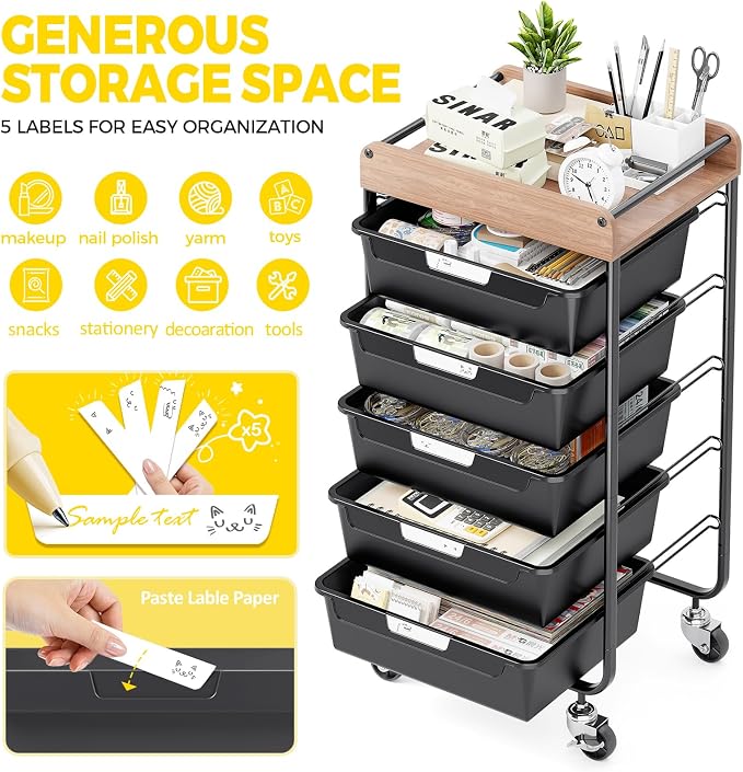 SYKIARIOL Utility Cart with 5 Labeling Drawers and Wooden Tabletop,Black | Rolling Storage Cart for Crafters, Artists, Kids, Teachers, and Students – Organize Arts, Crafts, Sewing & Study Supplies