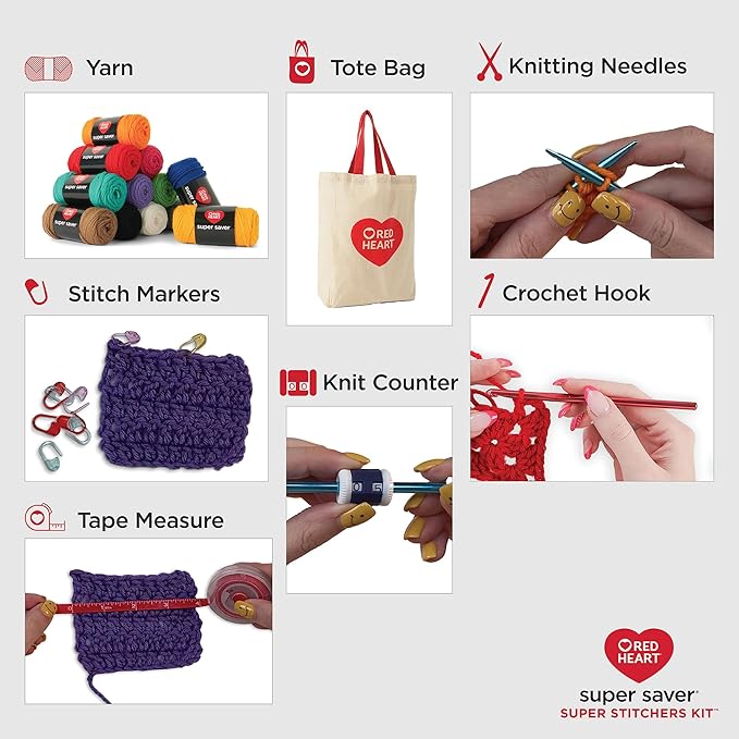 Red Heart Stitchers Kit with Bag and Accessories, Yarn for Crocheting