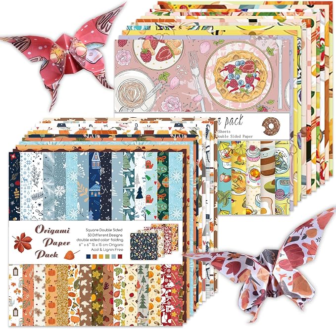 Origami Paper 100 Sheets, 6-Inch Square Double Sided Colored Craft Paper | 70GSM colorful paper,100 Vivid Pattern Origami Kit,DIY Hand Crafts,Arts Creativity,Easy to Fold,No-Fading.Winter Dessert