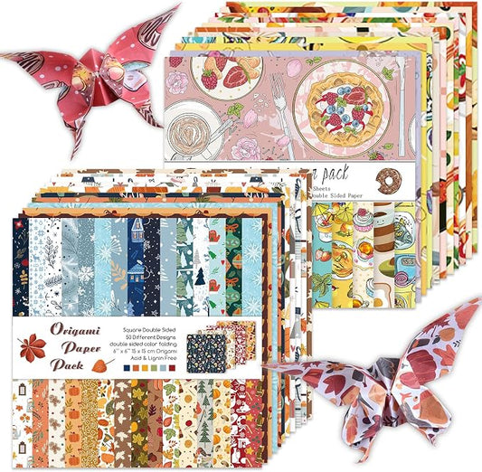 Origami Paper 100 Sheets, 6-Inch Square Double Sided Colored Craft Paper | 70GSM colorful paper,100 Vivid Pattern Origami Kit,DIY Hand Crafts,Arts Creativity,Easy to Fold,No-Fading.Winter Dessert