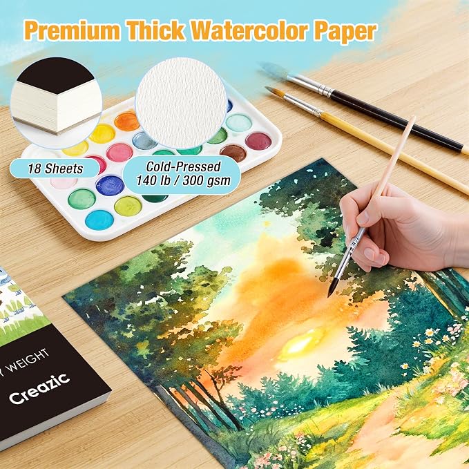Creazic Watercolor Paper Pad 9"x12", 140lb/300gsm Cold Press Sketchbook (18 Sheets) - Glue Bound Acid-Free Heavyweight No Bleed Drawing Pad for Watercolor, Gouache, Ink & Mixed Media for Beginners