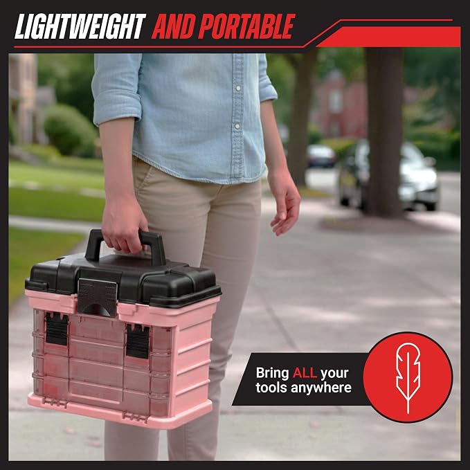 Stalwart Portable Tool Box for Women or Men, Pink, 10 x 7 x 10.5in