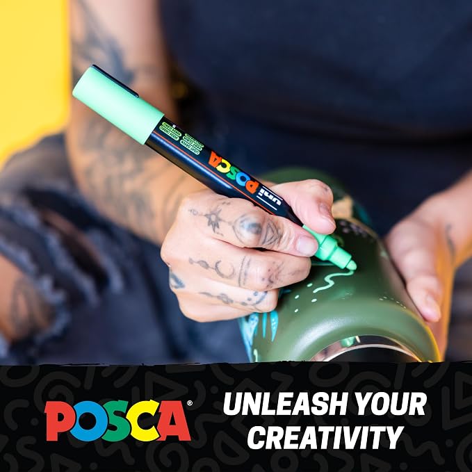 uni Posca Acrylic Paint Art Markers, Set of 12 Extra Fine Point Thin Paint Pens for Coloring Gifts, Fabric, Metal, Glass, Rocks, Wood and Canvas, Assorted Colors, PC1M12C