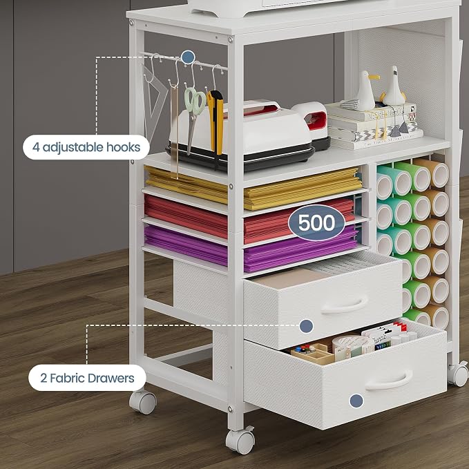 Craft Organizer and Storage Cart Compatible with Cricut Machine Stand Rolling Craft Cabinet Table with Drawers Shelf Vinyl Roll Holders Accessories Holder Tool Hooks for Craft Workstation Room-White
