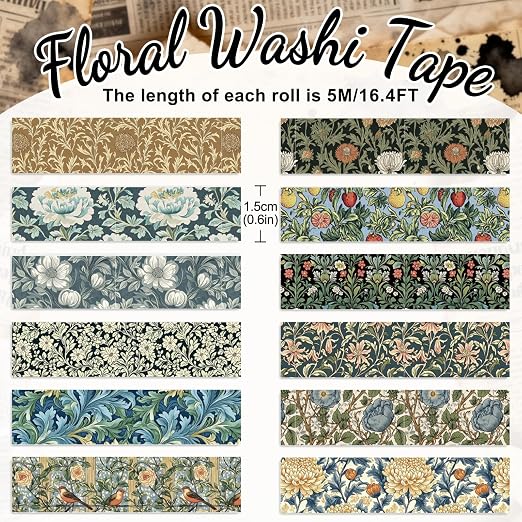 Whaline 12 Rolls Washi Tape Masking Tape Set, Vintage Floral | Greenery Flower Botanical, Wrapping Paper Tapes Boxed, for Scrapbook Journal DIY Art Crafts, 0.6 In x 16.4 Ft