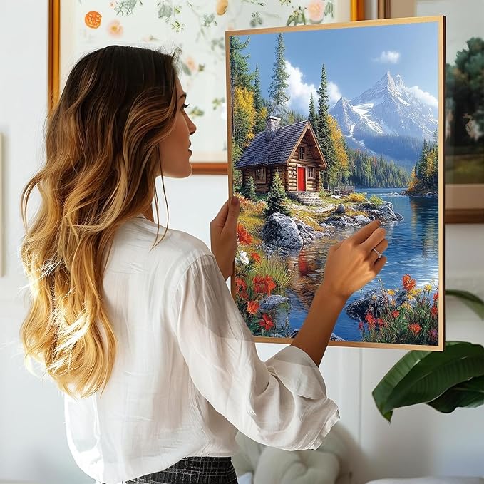 Paint by Numbers Kit for Adults, Landscape Mountain Paint by Numbers Kits | Lakeside Cabin Adult Paint by Number Kits on Canvas,DIY Acrylic Oil Easy Mountain Painting by Numbers for Home Decor 16X20 in