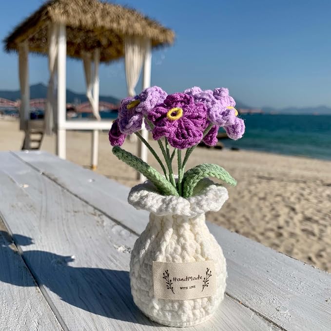 Forget-Me-Not Crochet Flower Potted Plant – Handmade Desk Decor, 7 Bloom Crochet Flowers in Gentle Purple Shades