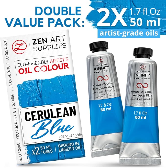 ZenART Professional Oil Paint Set - Artist Grade Cerulean Blue - 2x50ml | Non-Toxic, Buttery Consistency, Rich Pigment, Lightfast Oil Paints for Primed Surface Canvas, Fine Art, Portraits & Landscape