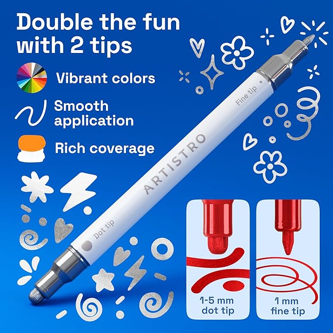 ARTISTRO Metallic Dual-Tip Acrylic Paint Marker Pens - Set of 24 | For Fabric, Rock, Glass, Wood, & Coloring Books, Arts & Crafts Gift, Classroom Must Haves & School Supplies (Dot & Fine Tips)