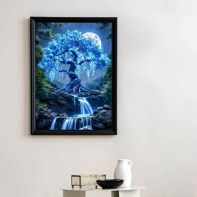 Moon Tree 5D DIY Diamond Painting Kits for Adults, Waterfall Diamond Art Kits for Beginners, Full Drill Dot Painting Gem Art Kits for Home Wall Decor11.8 x15.7 Inch
