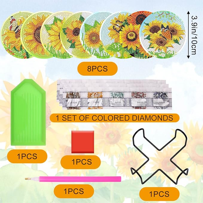 UPINS 8Pcs Sunflower Diamond Art Painting Coasters for Drinks | DIY Coaster Diamond Art Kits, for Adults Diamond Art Craft Supplies