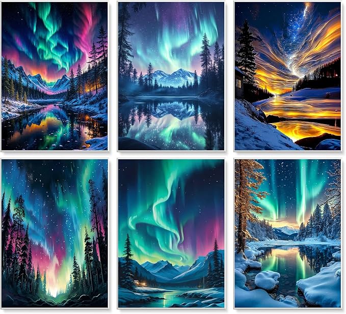 6 Pack Paint by Numbers Kit for Adults Without Frame 10x14 Inch, Aurora | Starry Sky Adult Paint by Number Kits on Canvas, DIY Acrylic Painting by Numbers, Stress Relief Gift, For Home Wall Decor
