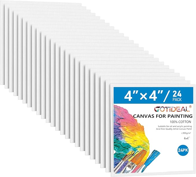 GOTIDEAL Canvases for Painting, 4x4 inch of 24 Pack, 100% Cotton | Professional Primed White Blank Flat Canvas Panels, Artist Canvas Boards for Acrylics Painting, Oil Watercolor Tempera
