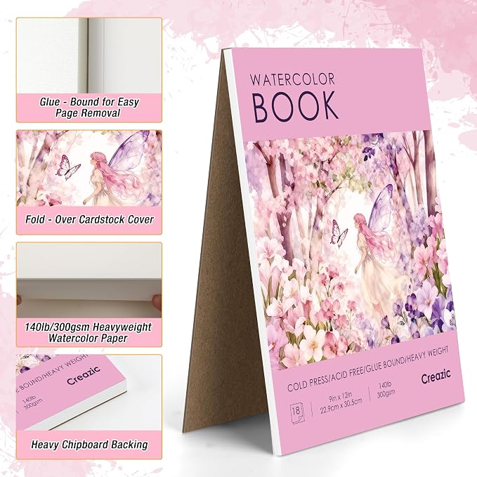 Creazic Watercolor Paper Book, 9"x12" Sketchbook, 18 Sheets 140lb/300gsm - No Bleed Art Paper for Watercolor, Acrylic Paint & Crayons - Gift Ideas for Adults & Students, Drawing Pad for Beginners