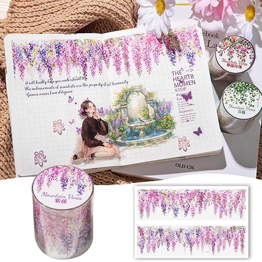 3 Rolls Floral Washi Tape Set, Colorful Rose Vine Scrapbook Tape Self-Adhesive Washi Tapes Vintage Flower Stickers for Journaling, PET Floral Tape Stickers for Scrapbooking Junk Journal Supplies
