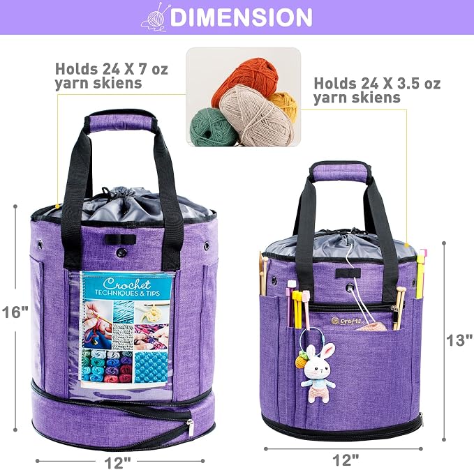 MYBAGZING Expandable Yarn Storage Organizer, Crochet Bag & Yarn Tote with Zipper Closure, Yarn Holder for Crocheting and Knitting for Yarn Skeins, Hooks, Needles,Accessories – Gift for Crafters