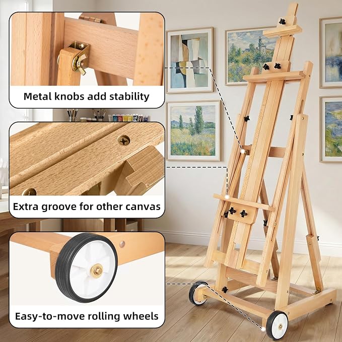 Falling in Art Studio H-Frame Easel with Tilting & Flat Position, Natural