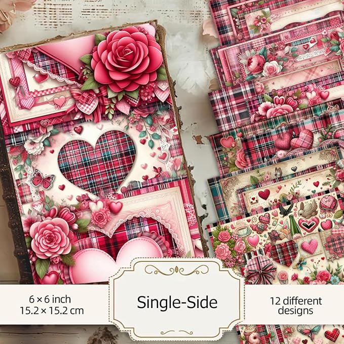 Vintage Valentine Scrapbook Paper Pad - 24 Sheets 6in Pink Love Hearts Patterns Designed Decoupage Supplies for Journals Folded Cardstock DIY Crafts Origami Gift Wrapping Material
