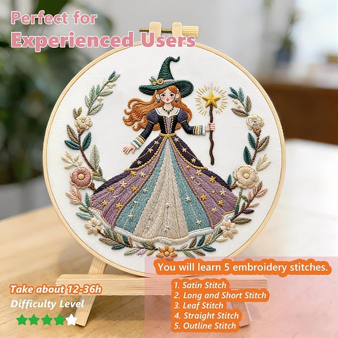 Embroidery Kit for Adults, Pre-Stamped Pattern Embroidery Kit for Beginners, DIY Hand Needlepoint Starter Kit with Hoop Thread Needle Instruction, 6.3'' Hoop (Witch 1 Pack)