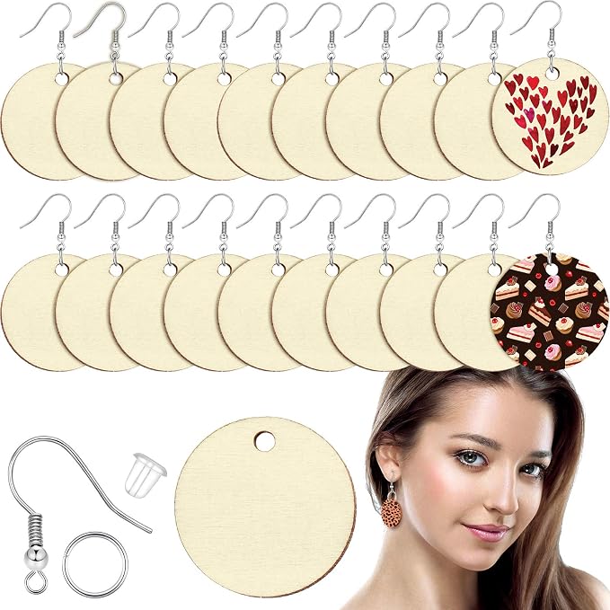 Hicarer 200 Pieces Unfinished Wooden Earrings Blank Round Wood Pendants