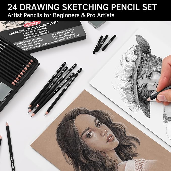 GETHPEN Drawing Sketching Pencil Set, Graphite Pencils (12B-4H), 24Pcs | Art Pencil Kit, Black and White Charcoal Pencils, Stumps, Eraser, Sharpeners, Sketching, Shading, Sketch Set for Artists