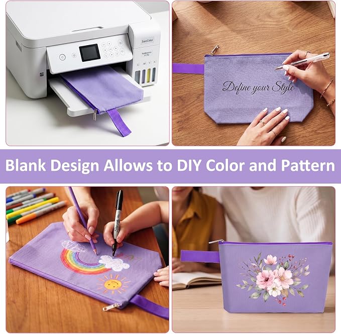 10 Pieces Cotton Canvas Makeup Bag with Bottom and Strap, Multi-Purpose Cosmetic Bag with Zipper Travel Toiletry Pouch, Blank DIY Craft Bag (Purple, M)