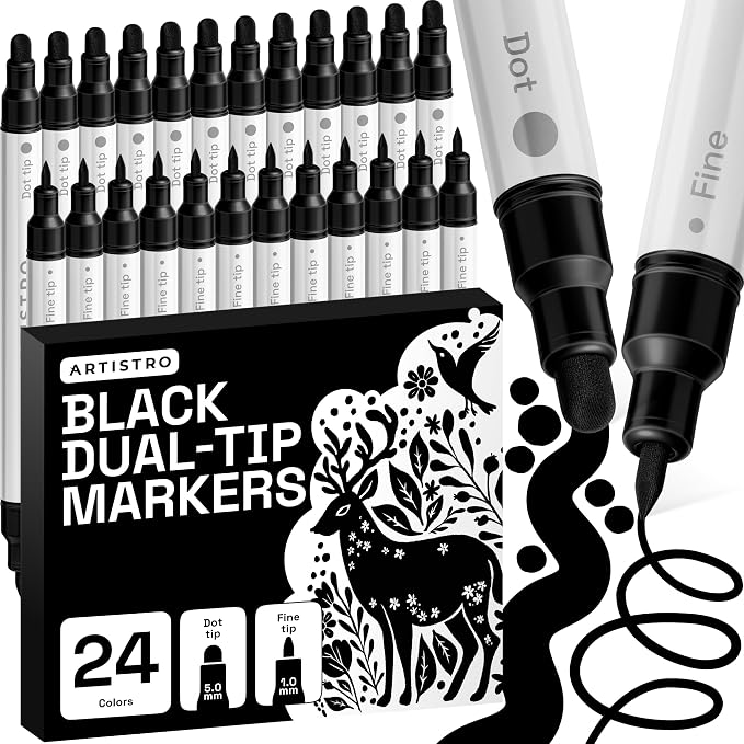 ARTISTRO Black Dual-Tip Acrylic Paint Marker Pens - Set of 24 | For Fabric, Rock, Glass, Wood, & Coloring Books, Arts & Crafts Gift, Classroom Must Haves & School Supplies (Dot & Fine Tips)