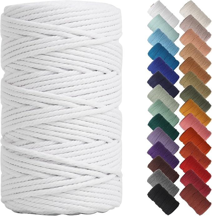 NOANTA White Macrame Cord 4mm x 109yards, Colored Cotton Rope Macrame Yarn | Macrame Rope Supplies, 3 Strand Twisted Cotton Yarn String, Cotton Cord for Wall Hanging, Plant Hangers, Crafts, Knitting