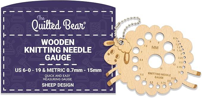 The Quilted Bear Wooden Knitting Needle Gauge - Knitting Gauge Measuring Tool for Accurate Needle Measurements with Metric & Imperial Sizes 0.7mm to 15mm & US 6-0 to 19 in Various Fun Designs (Sheep)