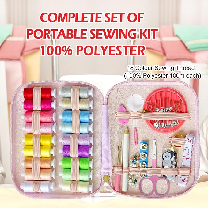 Sewing Kit with Case Portable Sewing Supplies for Home Traveler, Adults, Beginner, Emergency, Contains 18 Sewing Thread, Scissors, Needles, Measure etc (Pink)