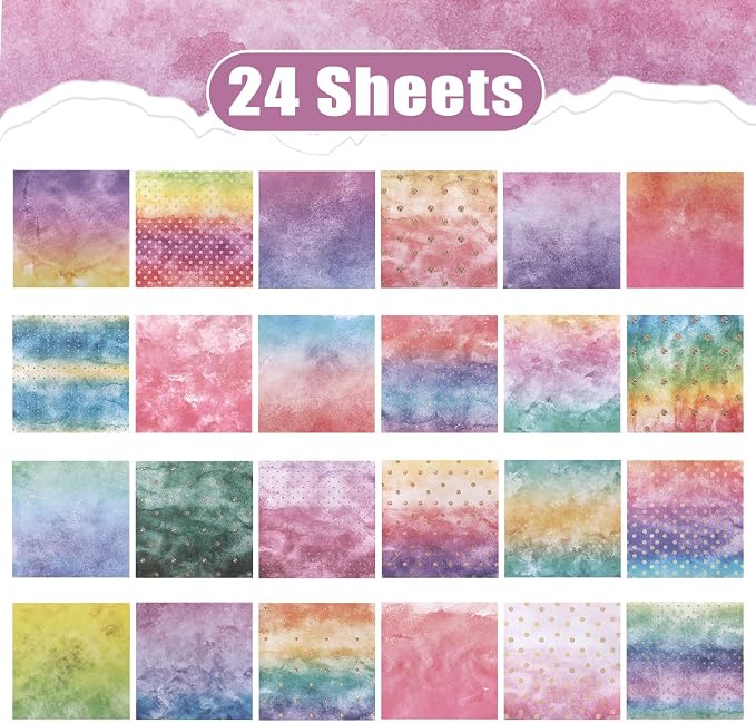 Konsait 24 Sheets Watercolor Scrapbook Paper 6x6, Single Sided Watercolor Decorative Paper Origami Papers for Card Making Scrapbook Supplies (24 designs)