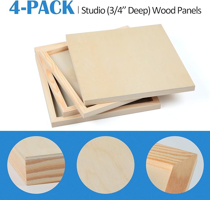 Falling in Art 4 Pack 12x12’’ Unfinished Birch Wood Panels Kit for Painting | Studio 3/4’’ Deep Wooden Canvas, Cradle Boards for Acrylic Pouring, Art, Crafts, Epoxy Resin, Laser Engraving Cutting