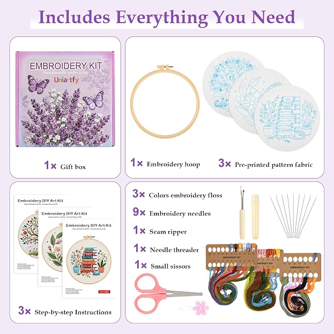 Uniartfy 3 Set Embroidery Kit for Beginners, Butterfly Tree Book Patterns