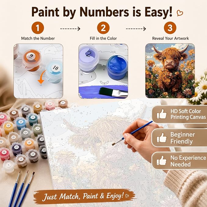 AUKELHJ Paint by Numbers Kit for Adults Beginner, Cow, 16X20 Inch | Paint by Number for Adults, Beginner Friendly, High-Definition Color Canvas, Stress Relief, Home Decor, Gifts, Unframed