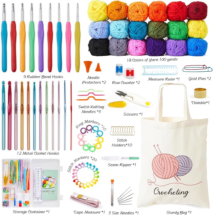 INSCRAFT Crochet Kit for Beginners Adults, 18 Large Acrylic Yarn Skeins 1800 Yards Yarn, 105 PCS Crochet Kit with Hooks Yarn Set,Includes Canvas Tote Bag, Ideal Starter Pack for Professionals
