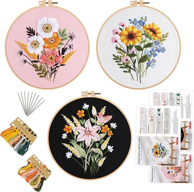 GLTAYLMY Embroidery Kit for Beginners Adults,3 Pack Cross Stitch Kits with 1 Plastic Embroidery Hoops,Needles and Color Threads,Needlepoint Kit for Hand Embroidery Starter