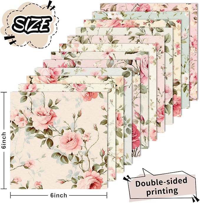 JarThenaAMCS 24 Sheet Blush Pink Rose Pattern Paper Vintage Floral Double Sided Scrapbook Specialty Paper for Spring Summer DIY Crafts Card Making Photo Album Journal Decor, 6 x 6 Inch