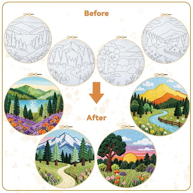 BEUNITONE 4 Set Forest Pattern Embroidery Kit for Adult Beginners Scenery Pre-Printed Designs Cross Stitch Kits, Needlepoint Kits for Adults, Handmade Embroidery for Home Decor 20x20cm