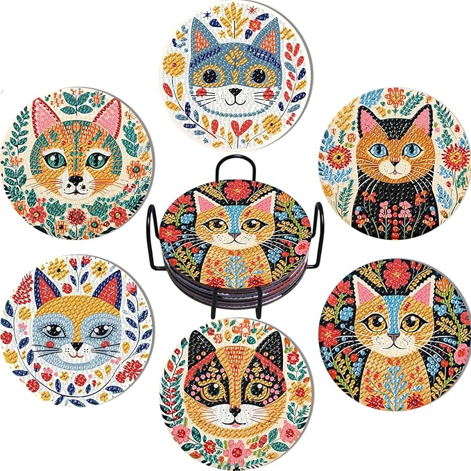 mrpwnle 6 Pcs Diamond Art Coasters Kits, Cat Diamond Painting Coasters Kit