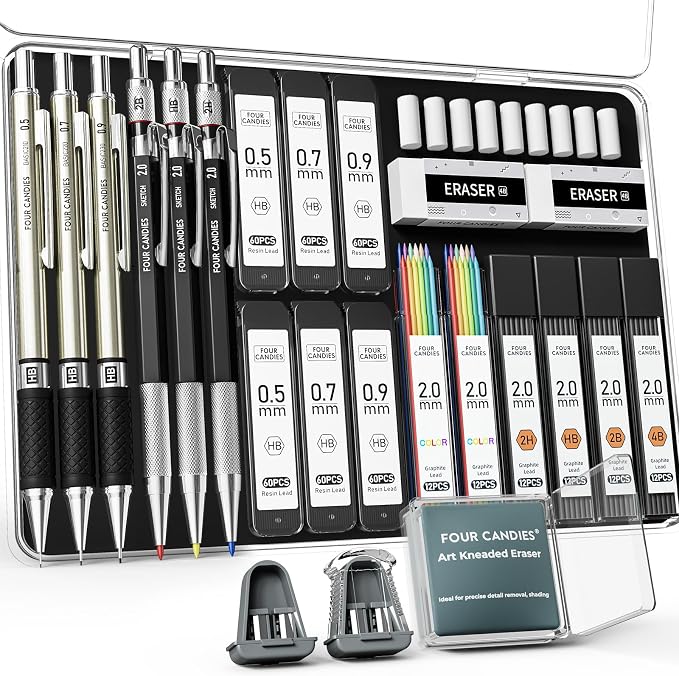 Four Candies 25PCS Mechanical Pencil Set, 0.5, 0.7, 0.9 ＆ 2mm, Storage Case | 432 Lead Refills (HB 2H 2B 4B Color), Kneaded Eraser, Sharpener, Technical Art Kit, Sketching, Drawing, Drafting