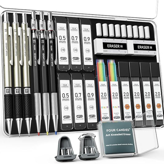 Four Candies 25PCS Mechanical Pencil Set, 0.5, 0.7, 0.9 ＆ 2mm, Storage Case | 432 Lead Refills (HB 2H 2B 4B Color), Kneaded Eraser, Sharpener, Technical Art Kit, Sketching, Drawing, Drafting
